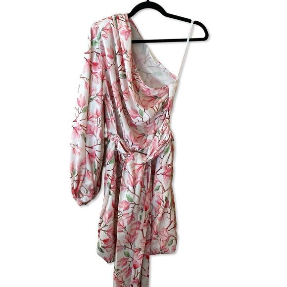 Bronx and Banco Layla mini dress pink floral print sash drape white Revolve L - Picture 4 of 13